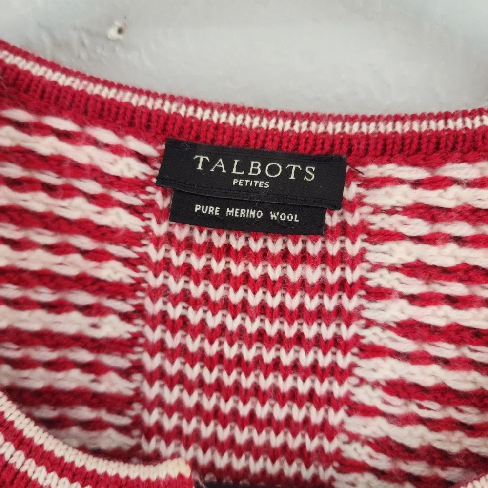 Talbots P Small | Red White Basket Weave Knit Open Merino Wool Cardigan Sweater